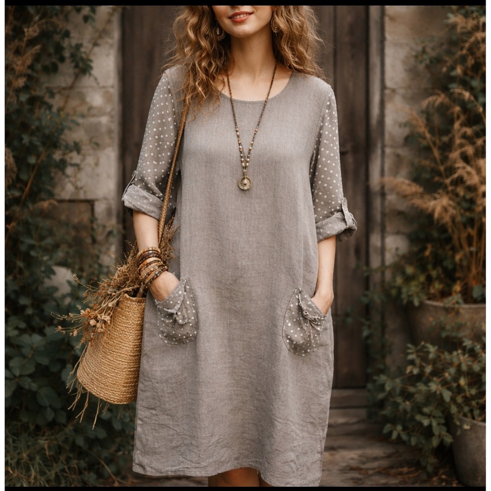 Belle France Womens Dress Top Set L 100% Linen Polka Dot Taupe Lagenlook Italy